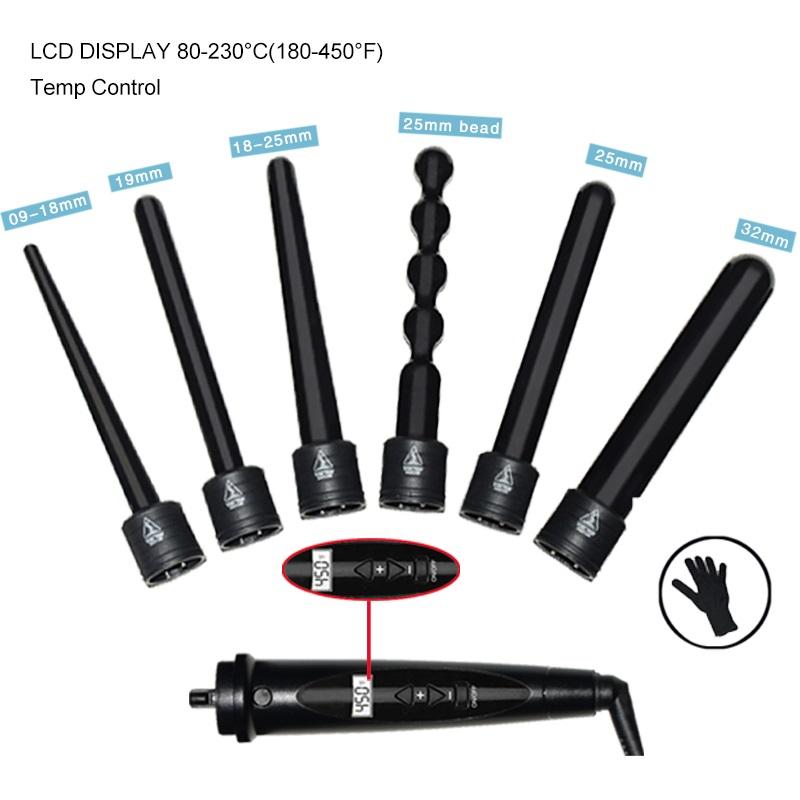 Electric Comb LCD Hair Curling Iron Suite Combination Interchangeable Hair Curler 6 in 1 Curling Wand Set 6 Interchangeable